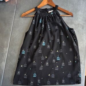 Banana Republic Black Halter Top with Teal and Yellow Bird Motif